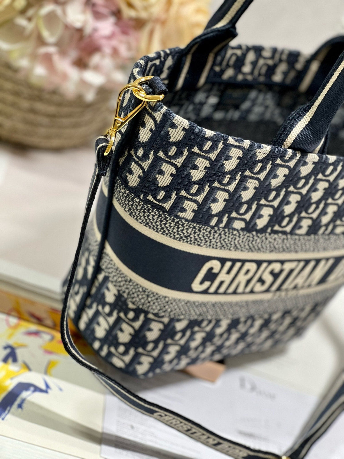 Dior CD New Basket Bag Blue Oblique Embroidery