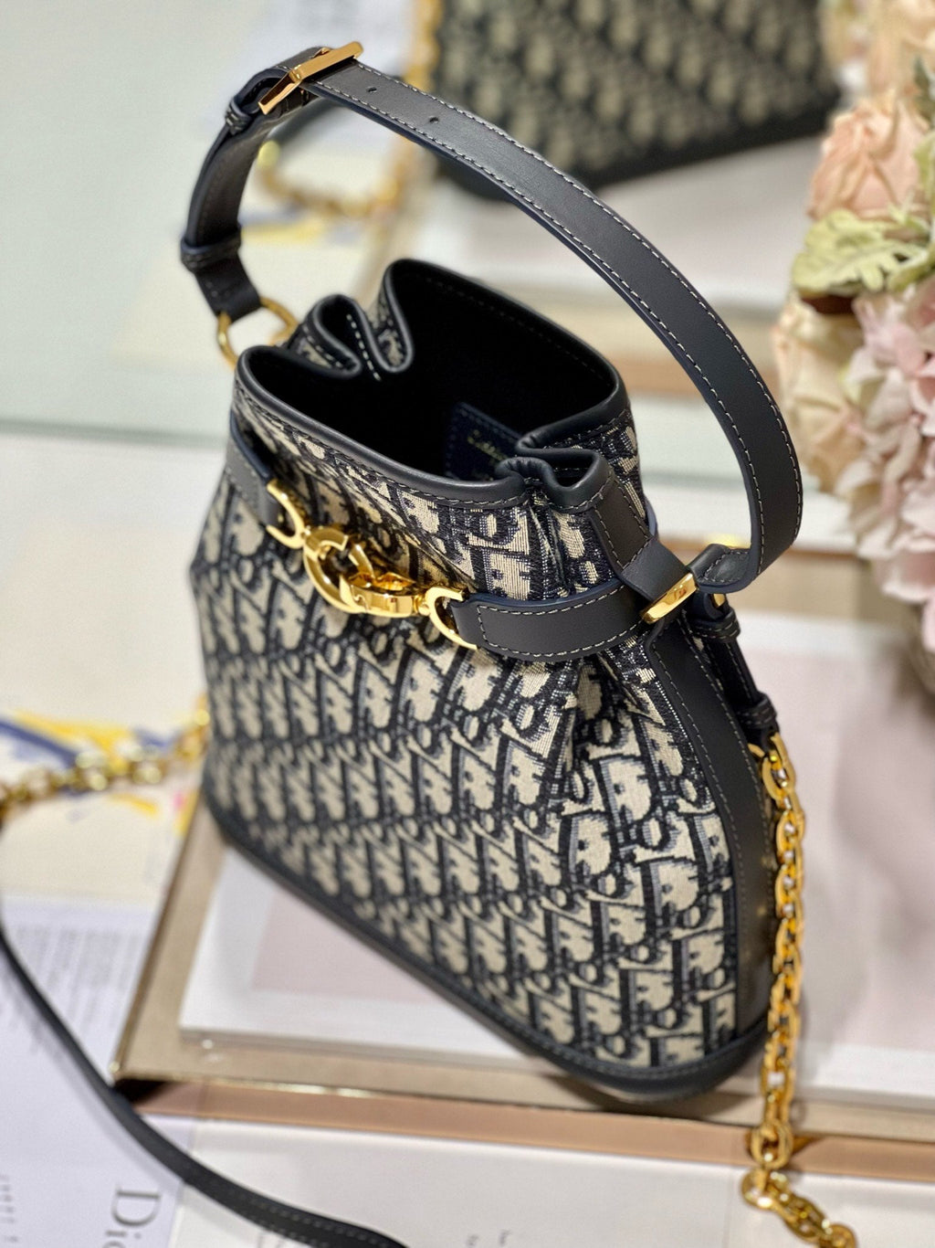 Dior Cest CD 24cm Blue Oblique Embroidery Bag