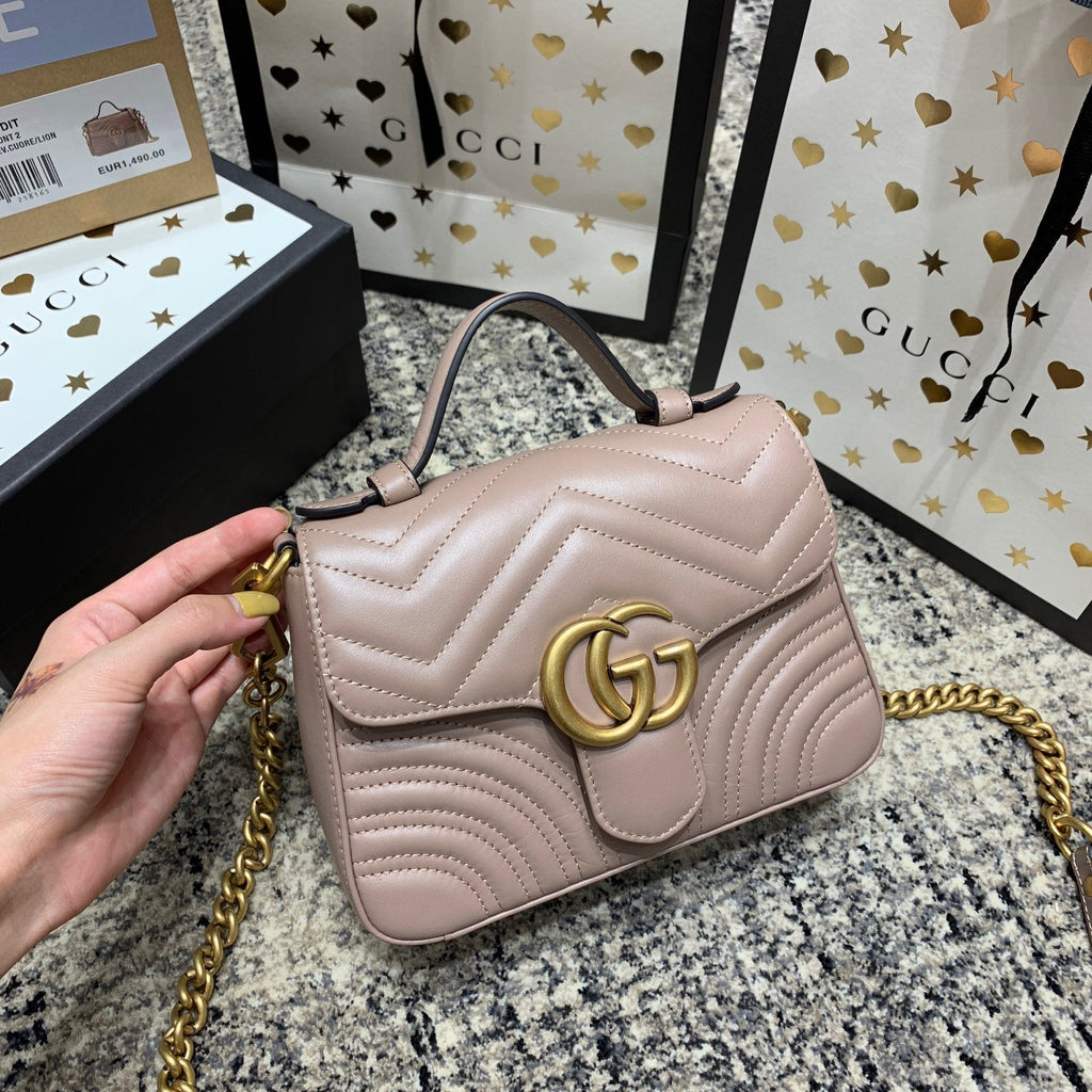 Gucci Marmont 21cm Mini Top Dark Beige Calfskin Gold Hardware Bag