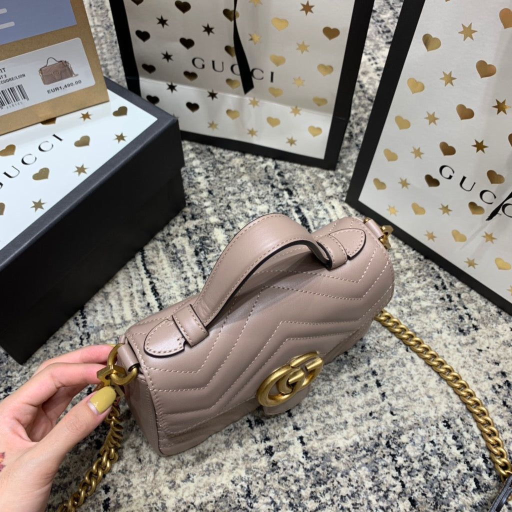 Gucci Marmont 21cm Mini Top Dark Beige Calfskin Gold Hardware Bag