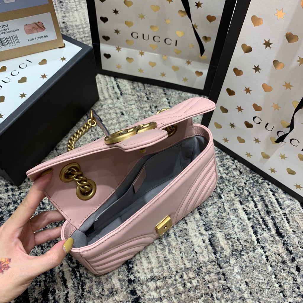 Gucci Marmont 22cm Pink Calfskin Gold Hardware Bag
