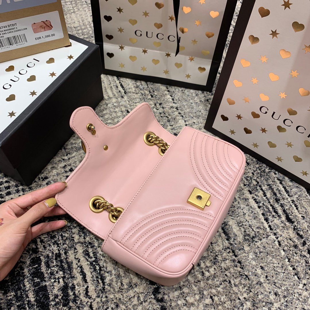 Gucci Marmont 22cm Pink Calfskin Gold Hardware Bag