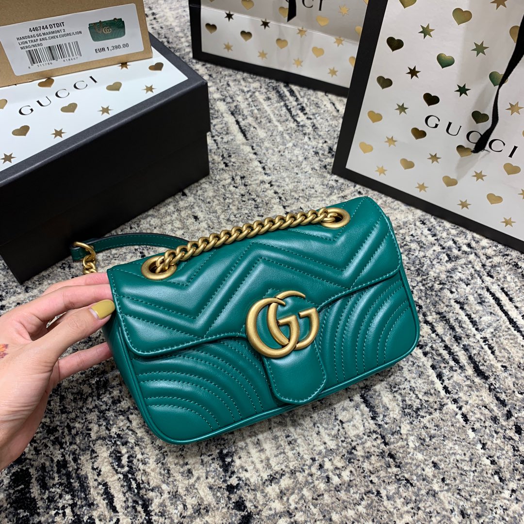 Gucci Marmont 22cm Turquoise Calfskin Gold Hardware Bag