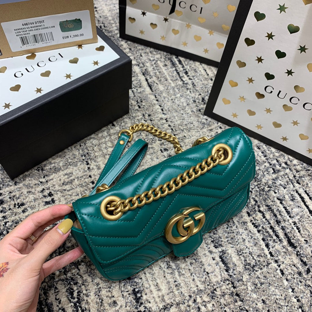 Gucci Marmont 22cm Turquoise Calfskin Gold Hardware Bag