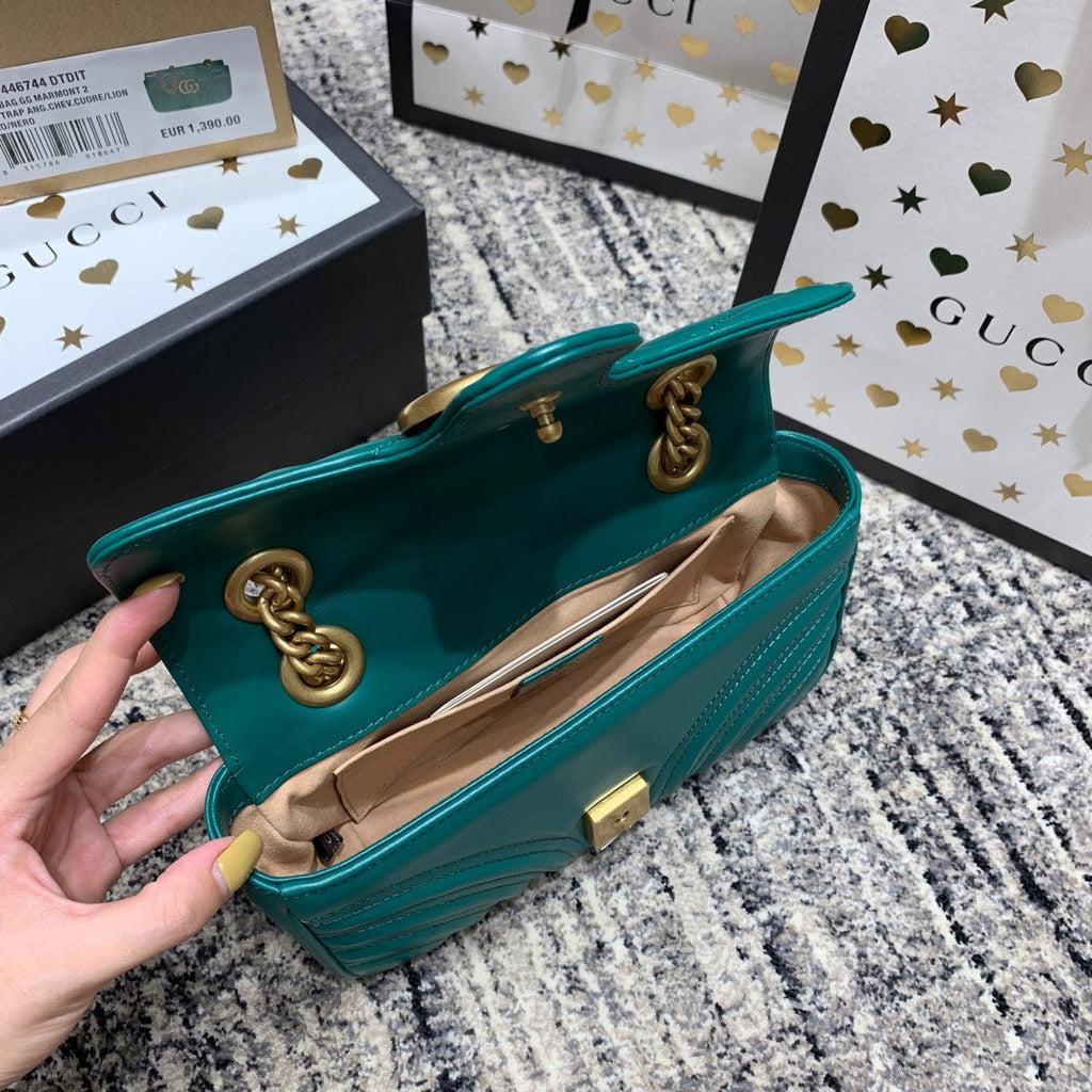 Gucci Marmont 22cm Turquoise Calfskin Gold Hardware Bag