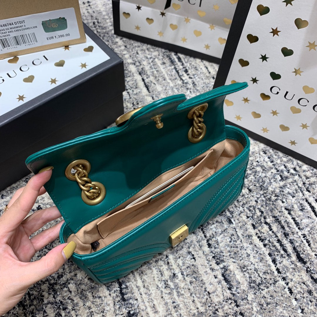 Gucci Marmont 22cm Turquoise Calfskin Gold Hardware Bag